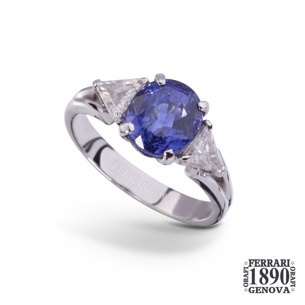 Anello oro bianco 18 KT con diamanti e zaffiro
